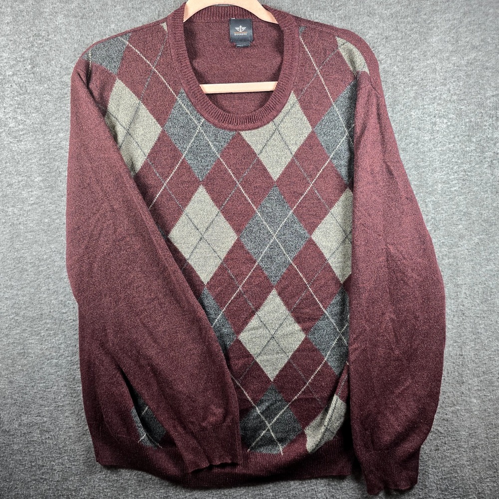 Dockers Men‎ XL Burgundy Grey/Gray Argyle Pullover Sweater Cozy Classic Rugged